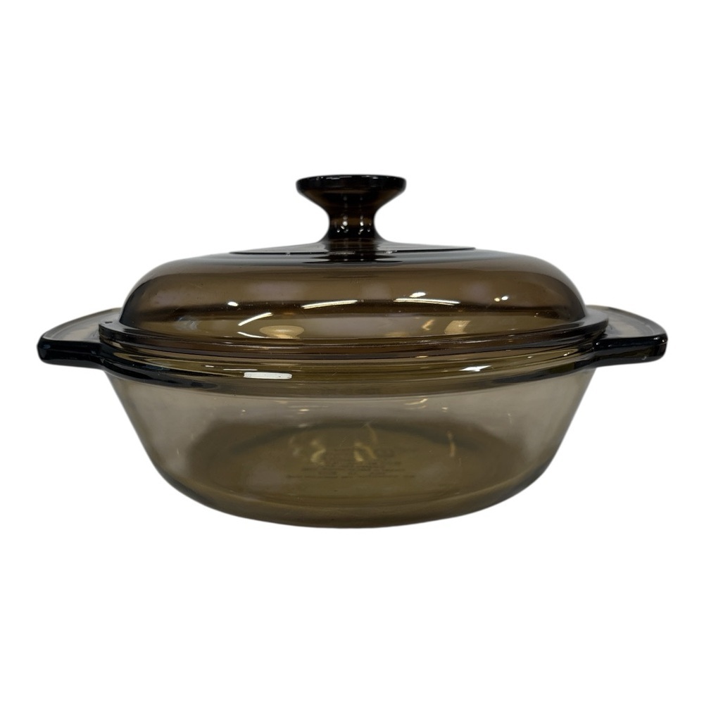 Vintage Anchor Ovenware Casserole 8.25" Round 1.5 Qt w/ Lid Brown Glass 1037 USA